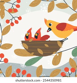 Northern female cardinal bird feeding baby birds cute cartoon flat vector illustration. Newborn hungry birds sitting in nest. Minimalism wildlife design. Template birdwatching, nature care background.