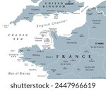 Northern France, gray political map. Coastline of France and United Kingdom along the English Channel, and along Bay of Biscay, with Channel Islands. Coasts of Hauts-de-France, Normandy and Brittany.