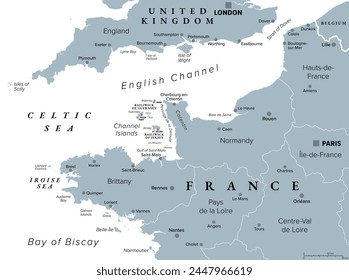 Northern France, gray political map. Coastline of France and United Kingdom along the English Channel, and along Bay of Biscay, with Channel Islands. Coasts of Hauts-de-France, Normandy and Brittany.