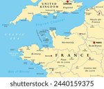 Northern France, political map. Coastline of France and United Kingdom along the English Channel, and along Bay of Biscay, with the Channel Islands. Coasts of Hauts-de-France, Normandy and Brittany.