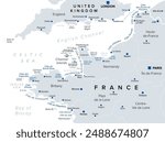 Northern France, touristic names of beaches and coastlines, political map. Coastline of France and United Kingdom along the English Channel, and along a part of Bay of Biscay, with Channel Islands.