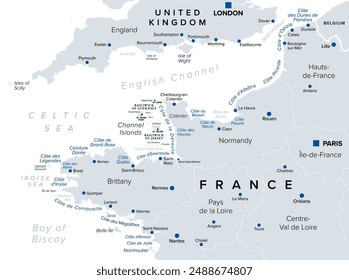 Northern France, touristic names of beaches and coastlines, political map. Coastline of France and United Kingdom along the English Channel, and along a part of Bay of Biscay, with Channel Islands.