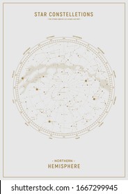 Northern hemisphere. High detailed star map of vector constellations.  Astrological celestial map with symbols and signs of zodiac