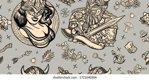 Northern history. Medieval barbarian and woman warrior. Vikings seamless pattern. Old school tattoo background. Scandinavian culture. Valhalla art 