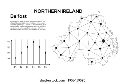 Mapa de la red de comunicaciones de Irlanda del Norte. Imagen vectorial de un mapa global de baja polilla con luces de la ciudad. Mapa en forma de líneas y puntos