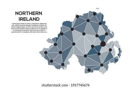 Northern Ireland communication network map. Vector image of a low poly global map with city lights. Map in the form of triangles and dots