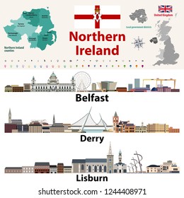 Northern Ireland counties map and largest cities skylines. All elements separated in editable and detachable layers. Vector illustration