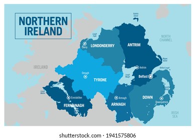 Mapa político del país de Irlanda del Norte. Ilustración detallada de vectores con provincias, departamentos, regiones, condados, ciudades y estados aislados, fácil de desagrupar.