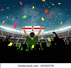 Northern Ireland fan stand up and hand flag in silhouette group to celebrate the team won in the soccer match on the stadium background, with confetti in the night time, template in vector format