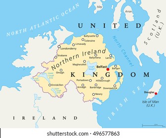 Northern Ireland map with capital Belfast, national border and cities. Part of the United Kingdom in the northeast of the island. English labeling.