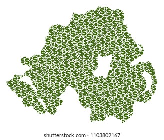 Northern Ireland map composition of dollar symbols and sphere dots in various sizes. Abstract vector wealth and GDP Northern Ireland map.