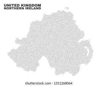 Northern Ireland map designed with small dots. Vector abstraction in black color is isolated on a white background. Random small elements are organized into Northern Ireland map.