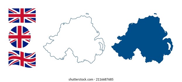Northern Ireland map. Detailed blue outline and silhouette. Country flag. Set of vector maps. All isolated on white background. Template for design.