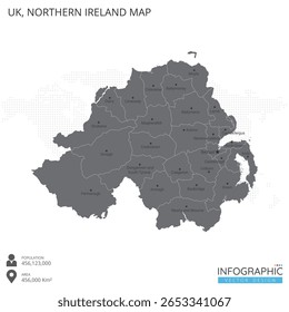 Mapa da Irlanda do Norte altamente detalhado com regiões e cidades do país sobre fundo branco. Ilustração vetorial EPS10.