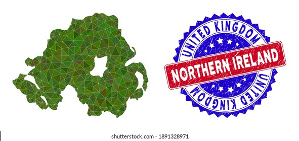 Northern Ireland map polygonal mesh with filled triangles, and textured bicolor stamp. Triangle mosaic Northern Ireland map with mesh vector model, triangles have various sizes, and positions,