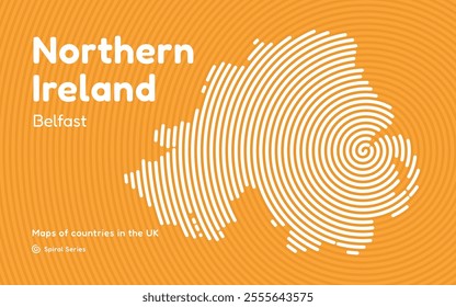 Northern Ireland Map in Spiral Formation:  Belfast Takes Center Stage. Fingerprint and stripes pattern. Maps of countries in the United Kingdom
