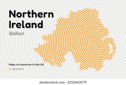 Northern Ireland Map in Spiral Formation:  Belfast Takes Center Stage. Fingerprint and stripes pattern. Maps of countries in the United Kingdom
