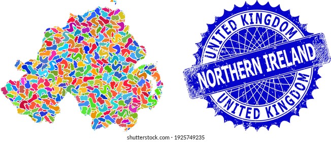 Imagen vectorial del mapa de Irlanda del Norte. Mapa de colaje de salpicaduras y sello de sellado rayado para Irlanda del Norte. Sello azul rosetón nítido con texto para el mapa de Irlanda del Norte.