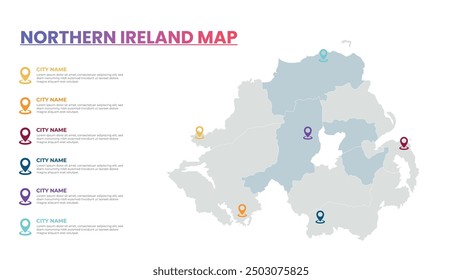 Plantilla Infográfica de Mapa Moderno de Irlanda del Norte, Mapa infográfico detallado de la Ciudad Populares de Irlanda del Norte