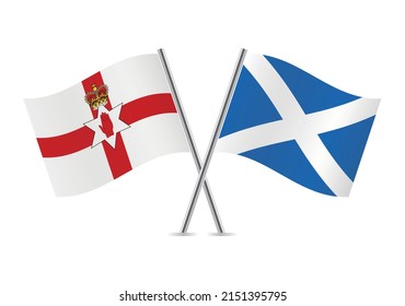 Northern Ireland and Scotland crossed flags. Flag of Northern Ireland on white background. Scottish flag. Vector icon set. Vector illustration. 