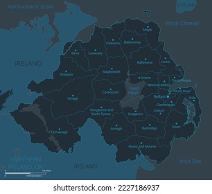 Northern Ireland, UK map. High detailed map of Northern Ireland with countries, borders, cities, water objects. Vector illustration eps10.