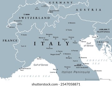 Norte da Itália, mapa político cinza. Região geográfica e cultural da parte norte de Itália, um país da Europa. Com fronteiras internacionais, e as maiores e mais importantes cidades. Ilustração