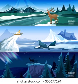 Northern landscape 3 flat interactive banners set with polar lights and icy mountains peaks  abstract vector illustration