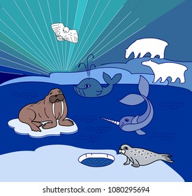 Northern landscape with different polar animals