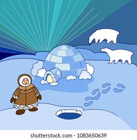 Northern landscape with eskimo in national clothes, igloo and polar bears