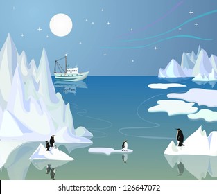 Northern landscape with icebergs and penguins