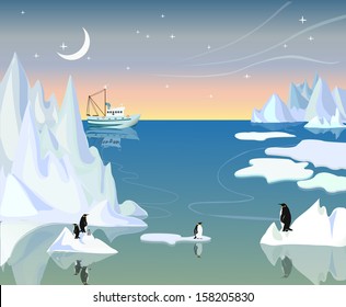 Northern landscape with icebergs and penguins