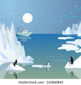 Northern landscape with icebergs and penguins. Vector illustration.