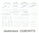 Northern landscape minimalist style elements collection, snow drifts, northern lights, waves, ice floes, crystals, textures, isolated on white. Hand drawn vector illustration. Arctic scene creator