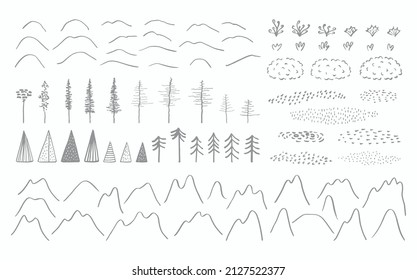 Northern landscape minimalist style elements collection, mountains, snow drifts, trees, plants, moss, lichen, textures, isolated on white. Hand drawn vector illustration. Tundra scene creator