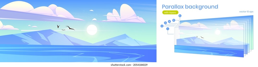 Northern landscape with sea and mountains on horizon. Vector parallax background with layers for animation with cartoon illustration of lake with blue water, white rocks, flying birds and sun in sky