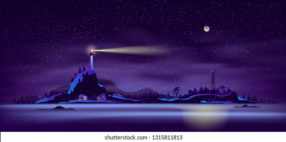 Northern landscape with working at night lighthouse on rocky cliff, cottage houses glowing lights on seashore and fire lookout tower cartoon vector illustration. Remote settlement on northern island