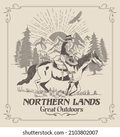 Northern lands.Northern cowboy wandering outdoors. 