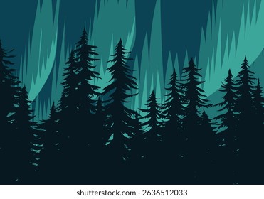 Northern light illustration with silhouette of pine trees
