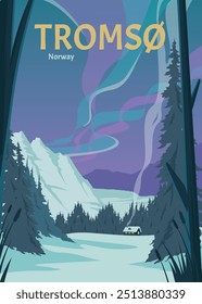 northern light in tromso vintage poster design, norway aurora borealis poster