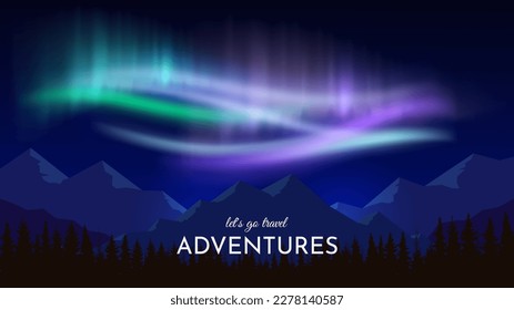 Northern Lights in the Arctic. A bright glow in the night sky. Aurora landscape flat style design. Silhouettes of mountains in the foreground. Vector illustration. Design for banner, background.