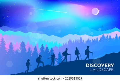 Northern Lights, Aurora in the Arctic, Night boreal. Travel concept of discovering, exploring, observing nature. Hiking tourism. Adventure. Minimalist graphic flyers. Polygonal flat design. Vector