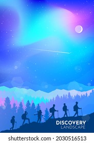 Northern Lights, Aurora in the Arctic, Night boreal. Travel concept of discovering, exploring, observing nature. Hiking tourism. Adventure. Minimalist graphic flyers. Polygonal flat design. Vector