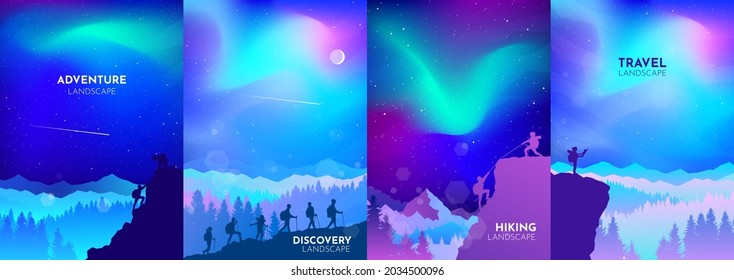 Northern Lights, Aurora in the Arctic, Night boreal. Travel concept of discovering, exploring, observing nature. Hiking tourism. Adventure. Minimalist graphic flyers set. Polygonal flat design. Vector