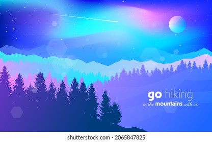 Northern Lights. Aurora in the Arctic. Night boreal. Travel, discovering, exploring, observing nature. Hiking tourism. Adventure. Minimalist graphic flyers. Flat design. Vector mountain landscape