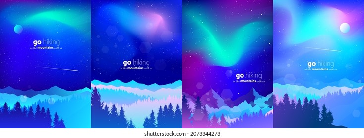 Northern Lights. Aurora in the Arctic. Night boreal. Travel, discovering, exploring, observing nature. Hiking tourism. Adventure. Minimalist graphic flyers. Flat design. Vector set mountain landscape