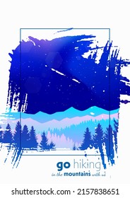 Northern Lights. Aurora in the Arctic. Night boreal. Travel, discover, explore, observing nature. Hiking tourism. Adventure. Minimalist graphic flyer. Flat design. Polygonal mountain landscape. Vector