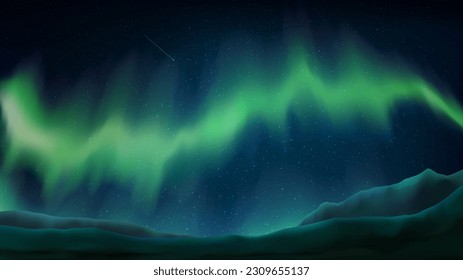 Northern lights. Aurora boreal. Stunning green northern lights on a dark blue starry sky background. Mountains, rocks, stars, aurora borealis. Night, landscape. Vector illustration