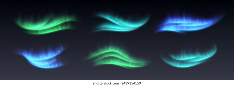 Northern lights, aurora borealis effect, realistic glowing lights overlay. Vector decoration.