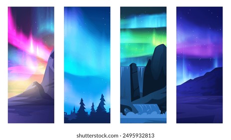 Nordlichter. Aurora Borealis. Vier vertikale schmale Banner. Sternenhimmel, Berge, Wälder und Wasserfall. Landschaft. Atmosphärisches Phänomen. Vektorgrafik einzeln auf weißem Hintergrund