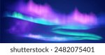 Northern lights. Aurora Borealis. Night starry sky. A lights of purple and green color. Arctic Circle. Atmospheric phenomenon. Glow. North Pole. Vector illustration. Banner, poster.